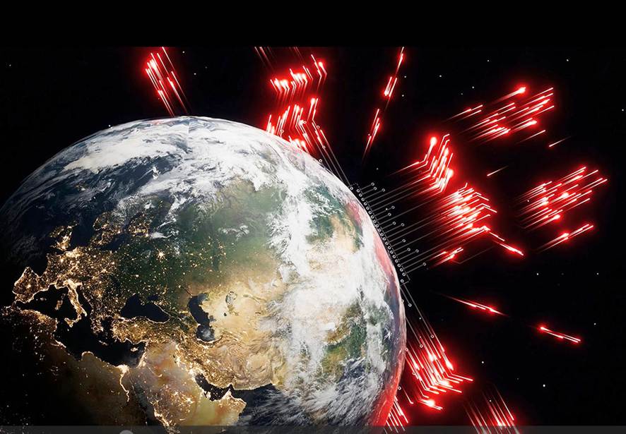 Una creación artística del globo terráqueo en la que se enfocan Asia y el Cercano Oriente, con explosiones tipo geométricas, rojas y blancas, a manera de destellos elongados, que salen en el trasfondo negro.