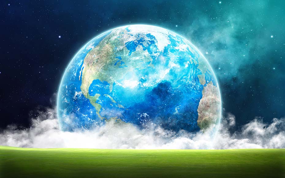Este globo del planeta Tierra que descansa sobre neblinas blancas tras un campo verde y contra el trasfondo del espacio ilustra los temas que que ensalzan la ensañanza de que Dios busca a adoradores que le adoren en espíritu y en verdad.