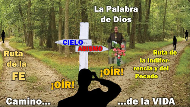 En esta gráfica, el transeúnte por el Camino de la Vida llega a una bifurcación con un letrero que indica, por un lado, para el Cielo, y por el otro, hacia el Abismo, enfatizándose la importancia de oír la Palabra de Dios para tener una Fe inteligente y enfilarse por la Ruta de la FE hacia el Cielo, ilustración para Por este camino para el cielo, en iglesia-de-cristo.com.