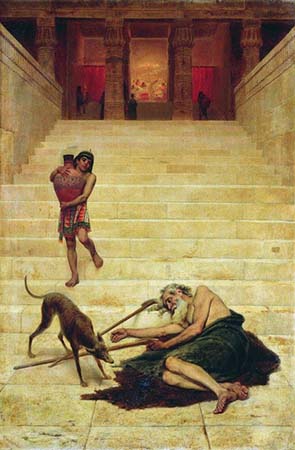 En esta pintura, el mendigo Lázaro yace frente a escalones que conducen a la entrada de la casa del rico, acercándole un perro para lamiar sus llagas, mientras baja los escalones un joven con un gran jarrón, ilustración para el tema Impresiones estremec.