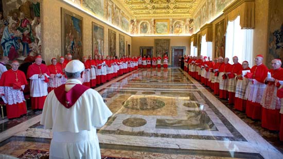 Esta fotografía del papa Francis con sus cardenales ilustra el artículo El nacimiento de la jerarquía católica romana, extracto del libro La iglesia católica: una breve historia, Por Hans Küng, en editoriallapaz.org.