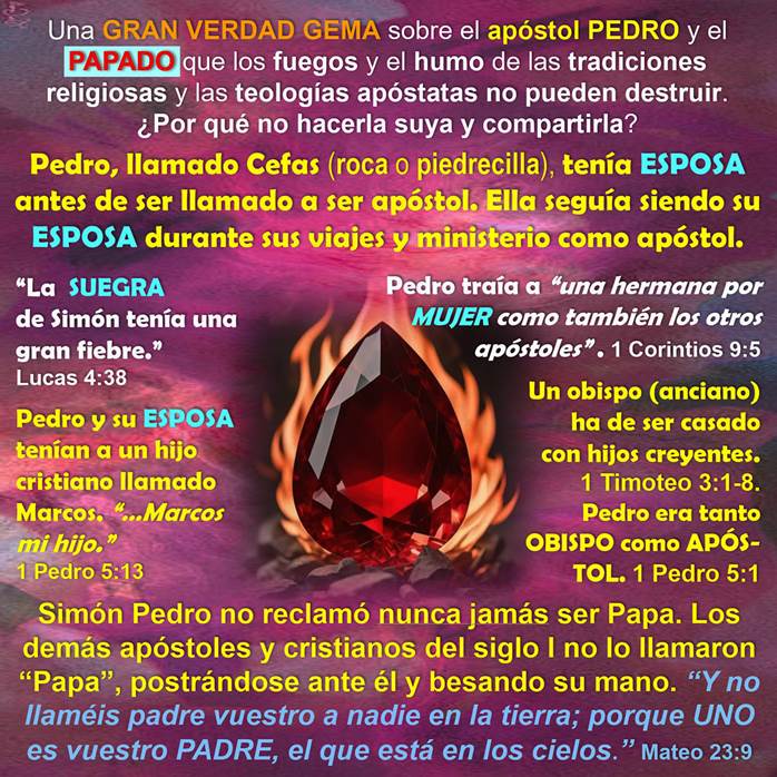 En el centro de esta creación artística, se destaca un rubí oscuro grande en medio de llamas de fuego contra un trasfondo abstracto de tonalidades de púrpura y rojo claro, rodeado el rubí por textos concisos sobre el apóstol Pedro y el Papado.