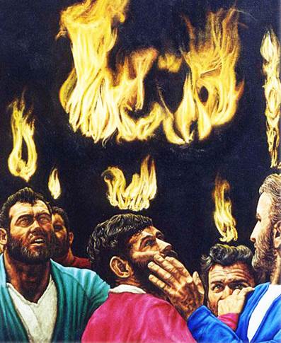 Una representación artística de algunos de los apóstoles de Jesucristo, proyectados con realismo como adultos jóvenes de pelo corto y con barbas, con llamas de fuego encima de sus cabezas, todo contra un trasfondo de negro intenso, imagen de la escena cuando ellos reciben dones sobrenaturales en el día de Pentecostés.